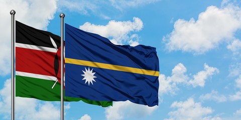 Kenya and Nauru flag waving in the wind against white cloudy blue sky together. Diplomacy concept, international relations.