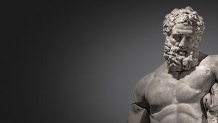 Banner with statue of powerful and handsome bearded Hercules at smooth gradient grey background and paste space, closeup, details - obrazy, fototapety, plakaty