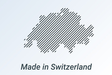 Made in Switzerland, striped map in a black strip on a silver background
