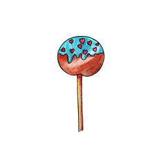 Sweet round chocolate Lollipop  isolated on a white background. Children's drawing with colored pencils.