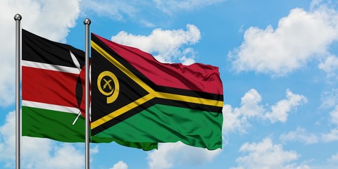 Kenya and Vanuatu flag waving in the wind against white cloudy blue sky together. Diplomacy...