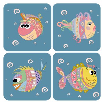 fish, ornament, sea, ocean, postcard, baby, isolated, pattern, bright colours, frame, border, four frames, 