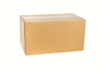 Closed cardboard box taped up and isolated on white background