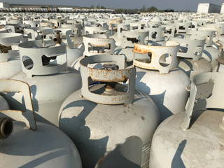 Rows of empty propane tanks waiting to be reused