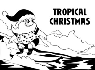 santa claus surfeando en el mar tripical