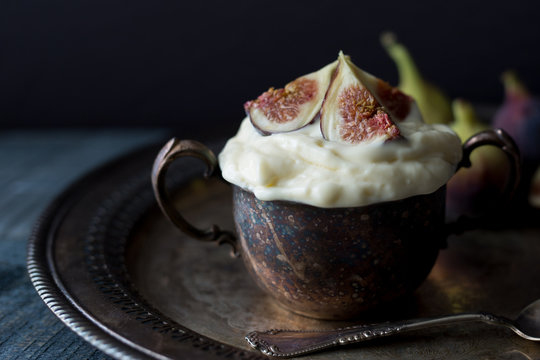 Small Tarnished Silver Cup With Vanilla Custard And Fresh Fig Garnish. 