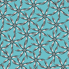 Seamless pattern of contour plants. Floral ornament on an azure background. Vintage floral texture for fabric, tile, wallpaper.