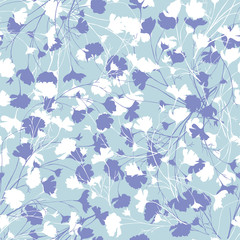 Simple floral background with white and blue flowers. Drawn seamless floral texture. Blue ornament to decorate fabrics, textiles, tiles and paper on the wall.
