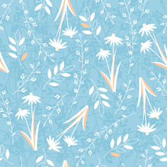 Fototapeta na wymiar Floral pattern for fabric. Seamless floral ornament against blue background. Vector endless texture.