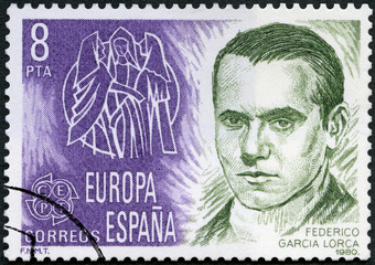 SPAIN - 1980: shows Federico del Sagrado Corazon de Jesus Garcia Lorca (1899-1936), Spanish poet,...