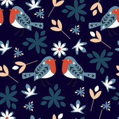 Winter pattern with bullfinches and flowers on a blue background. Seamless vintage floral texture in scandinavian style for fabric, tile, wallpaper.