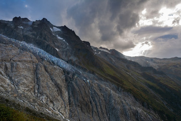 Wonderful views of the mountains in the Swiss Alps with backpackers.	