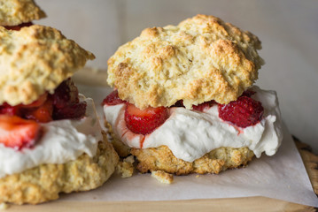 Juicy strawberry shortcakes with homemade whipped cream. 