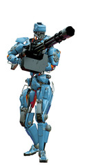mechanical soldier holding a huge machine gun