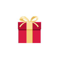 Red gift box with golden bow isolated on a white background. Vector illustration, icon in cartoon simple flat style.