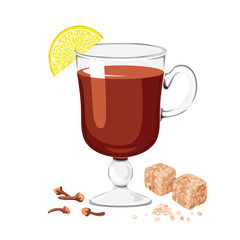 Grog in glass cup Isolated on white background. Hot drink with rum, lemon and sugar. Vector illustration of a traditional alcoholic drink in cartoon flat style.
