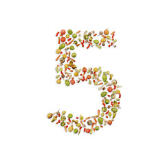 Vegetarian ABC. Vegetables on white background	forming number 5