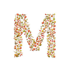 Vegetarian ABC. Vegetables on white background	forming letter M