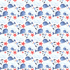 Seamless pattern of watercolor elements on the marine theme with whales, seagulls, clouds, droplets and stars. Perfect for forming postcards, textiles, paper, printing, wallpaper and any design