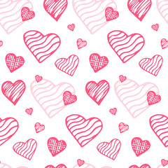 Valentine's day seamless pattern with pink different hearts in doodle style, isolated on a white background. Hand drawn texture for greeting cards, fabric, wrapping paper design. Vector illustration