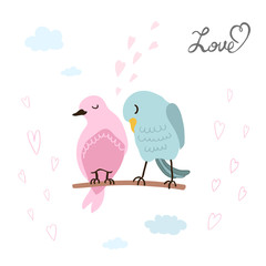 Vector colorful illustration of cute couple of birds in love. Can be used for childish t-shirt print, textile print, cloth, baby wear, kids room decoration, invitation, greeting card, and posters