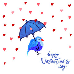 Obraz premium Vector colorful illustration of cute bird with umbrella in the rain of hearts. Happy valentine day postcard. Can be used for t-shirt print, decoration, invitation, greeting card, and poster