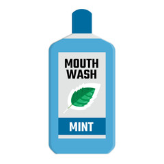Mouthwash blue color with green mint leaf cartoon isolated on white background. Teeth protection, oral care, dental health concept for poster, banner. Vector illustration for any design.
