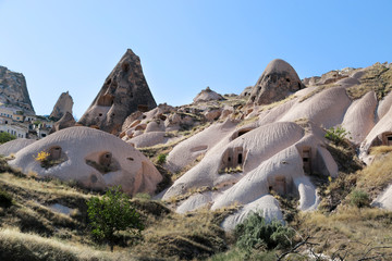 Unusually shaped volcanic cliffs in the Pigeon Valley in the Cappadocia region of Turkey.