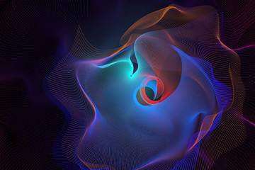 Spiral leaks Multicolored Light Abstract Background. Fantastic colored fractal lines bend on black.