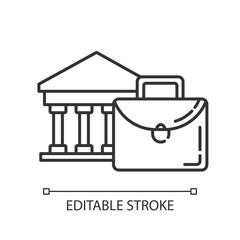 Business industry linear icon. Credit bureau. Black briefcase and bank building. Economist case. Thin line illustration. Contour symbol. Vector isolated outline drawing. Editable stroke