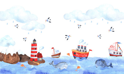 Marine composition of watercolor elements with a lighthouse, seagulls, sea, whale, ships, seagulls, stars, clouds and waves. Great for decorating holidays, postcards, textiles, children’s stickers and - obrazy, fototapety, plakaty