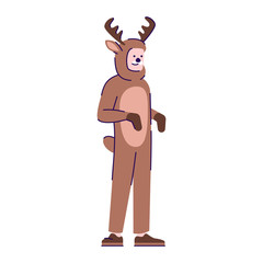 Man dressed in deer costume flat vector illustration. Person dressing like animal. Guy in Halloween party outfit cartoon character with outline elements isolated on white background