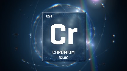 3D illustration of Chromium as Element 24 of the Periodic Table. Blue illuminated atom design background with orbiting electrons. Design shows name, atomic weight and element number