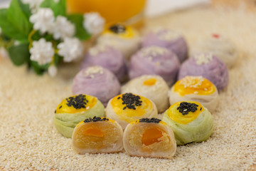 Dessert Mochi or Chinese pastry-bean cake with egg yolk.