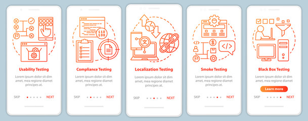 Non-functional software testing orange onboarding mobile app page screen vector template. Usability. Walkthrough website steps with linear illustrations. UX, UI, GUI smartphone interface concept