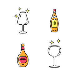 Alcohol drink glassware color icons set. Wine service elements. Crystal glasses shapes. Drinks and beverages types. Whiskey and bourbon bottles with labels. Isolated vector illustrations