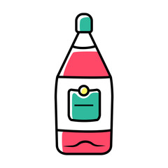 Transparent glass bottle of wine color icon. Luxury alcoholic drink, beverage. Red wine in bar, cafe, restaurant. Drinking preference. Glassware with green label. Isolated vector illustration