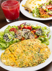 Omelet, salad and red juice