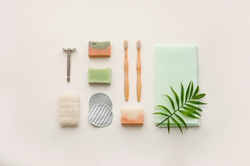 Obraz na płótnie Canvas Zero waste beauty body care items. Bathroom essentials in sustainable lifestyle. Zero waste concept.