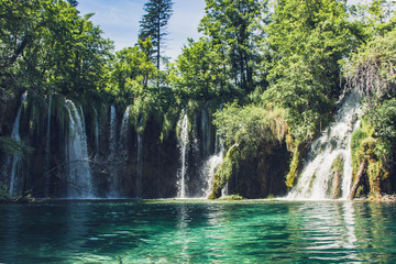 Plitvice Lakes Waterfall in summer day. Croatia. Summer (June).