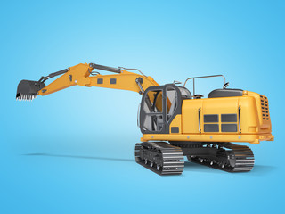 Concept construction equipment hydraulic crawler excavator with raised bucket 3d rendering on blue background with shadow