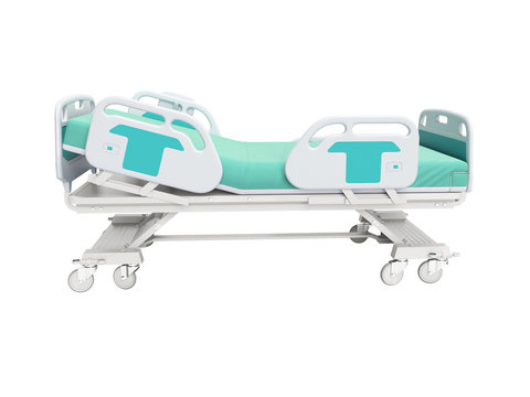 Turquoise hospital bed with lifting mechanism on an autonomous control panel right side view 3D render on white background no shadow