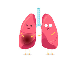 Cute cartoon funny unhealthy illness lungs character. Suffering sick lung mascot with pneumonia. Human respiratory system internal organ inflammation. Medical anatomy vector illusrtation