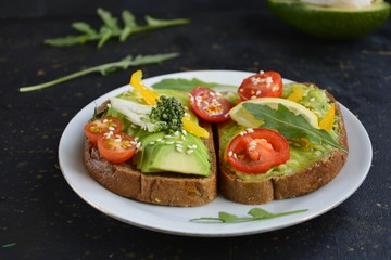 sandwiches with avocado and cherry tomatoes in a white plate on a dark background