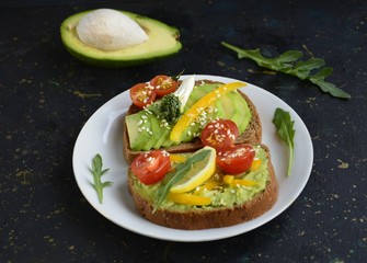 sandwiches with avocado and cherry tomatoes in a white plate on a dark background