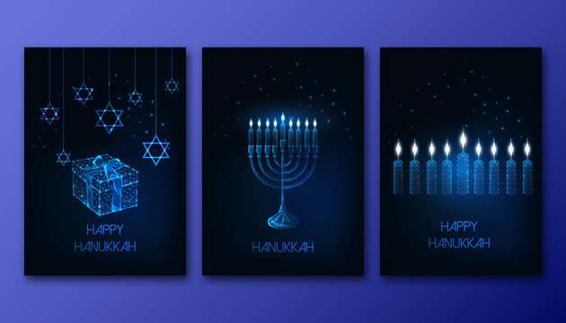 Futuristic glowing low polygonal Hanukkah posters set with menorah, candles, gift box and David star