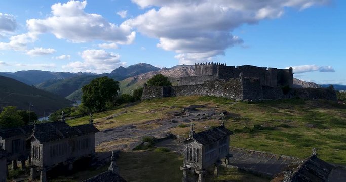 Aerial view of the traditional village of Lindoso with the castle and granaries (espigueiros), at the Peneda Geres National Park, Portugal