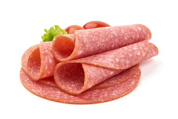 Smoked salami slices, thinly sliced sausage, isolated on white background