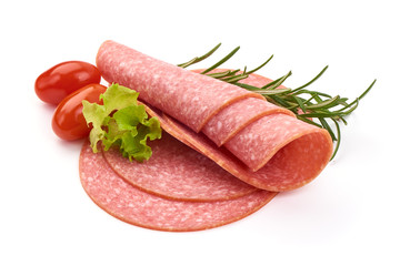 Smoked salami slices, thinly sliced sausage, isolated on white background