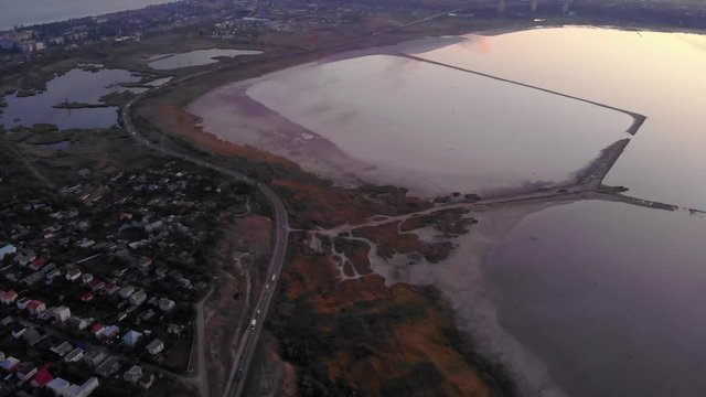Twilight Flying over Odessa Kuyalnik liman. A mud baths retreat clinic center in Ukraine, known by it's extremely healthy salt mud comparable with Dead Sea by specification